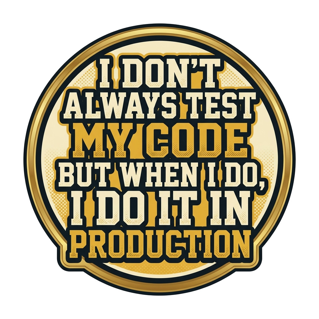 Artwork generated from 'tee that says "i don't always test my code but when i do, i do it in production" on maroon'