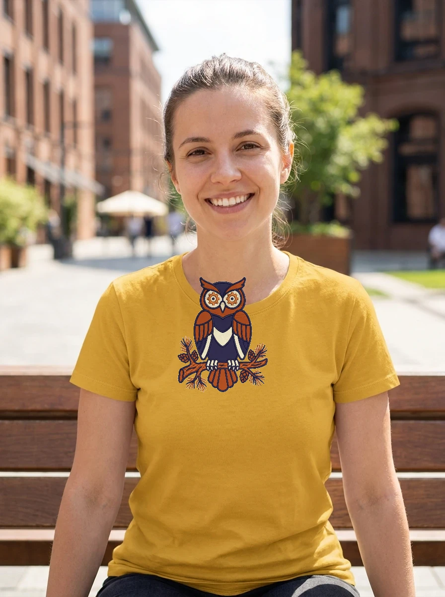 Small Embroidered Owl Patch Tee, Worn, Mustard