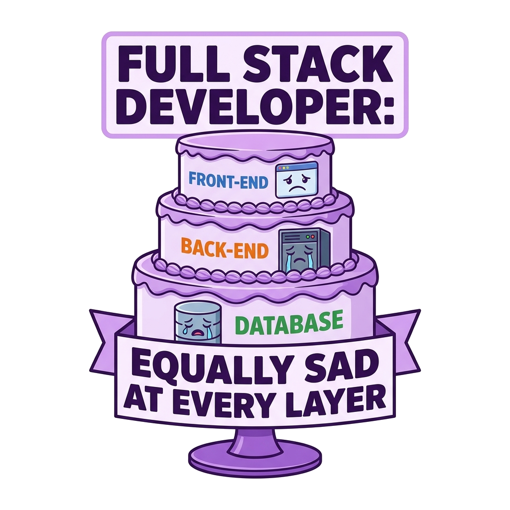 Artwork generated from 'tee that says "full stack developer: equally sad at every layer" layered cake on lavender'