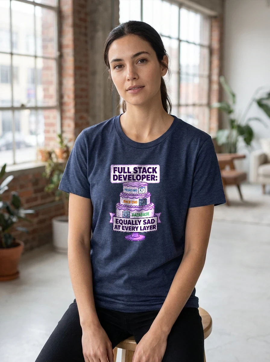Tee That Says "full Stack Developer:, Worn, Heather Midnight Navy