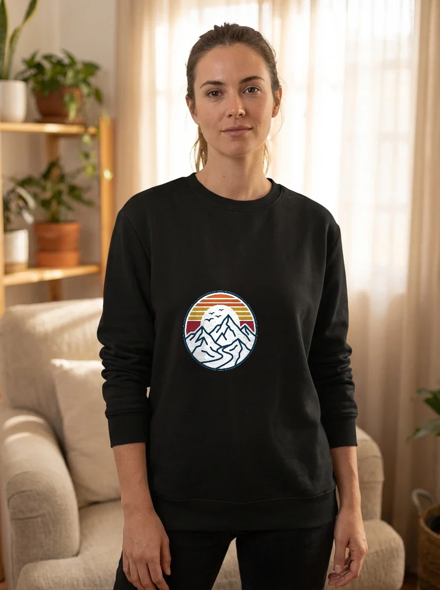 Vintage Mountain Sunset, Minimalist Line Art, Worn, Black