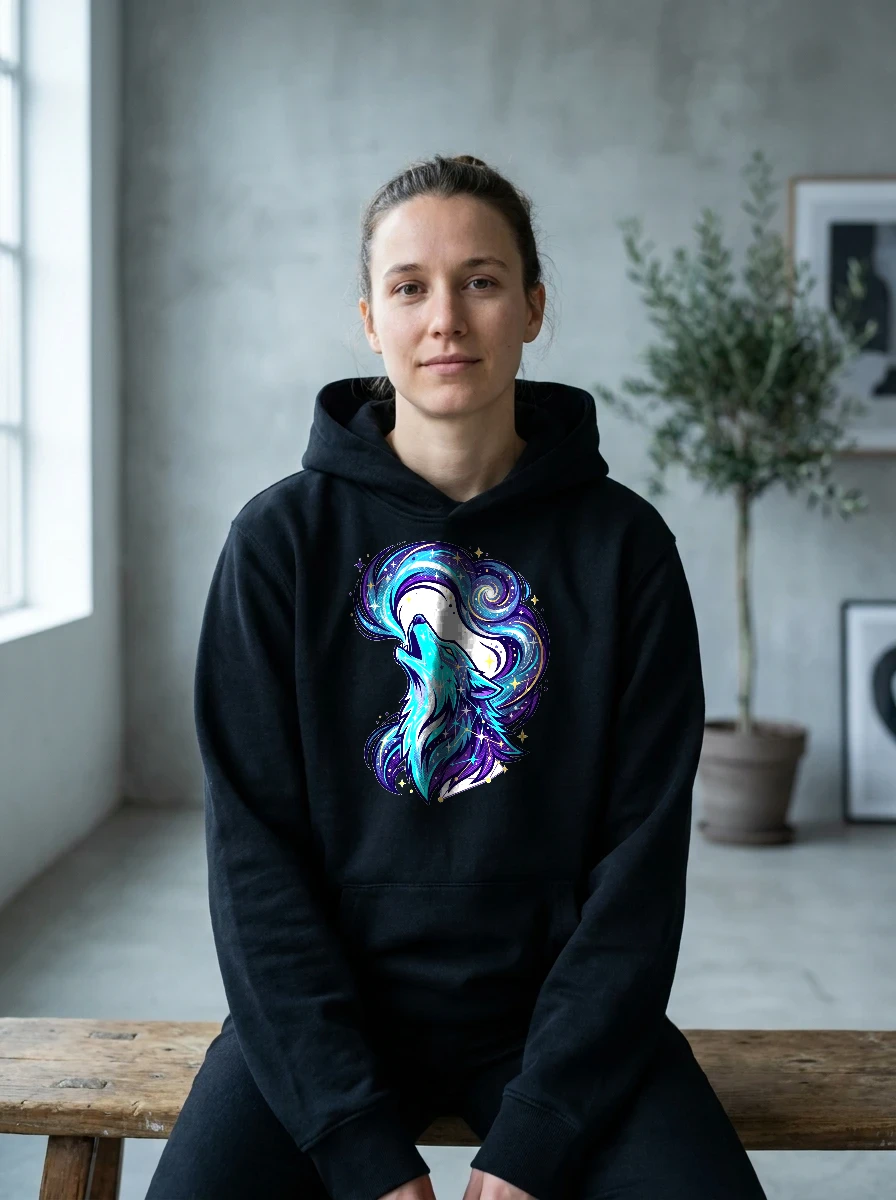 Midnight Wolf Constellation Hoodie, Worn, Black