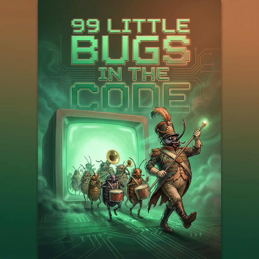 Artwork generated from 'poster that says "99 LITTLE BUGS IN THE CODE" bug parade marching band'