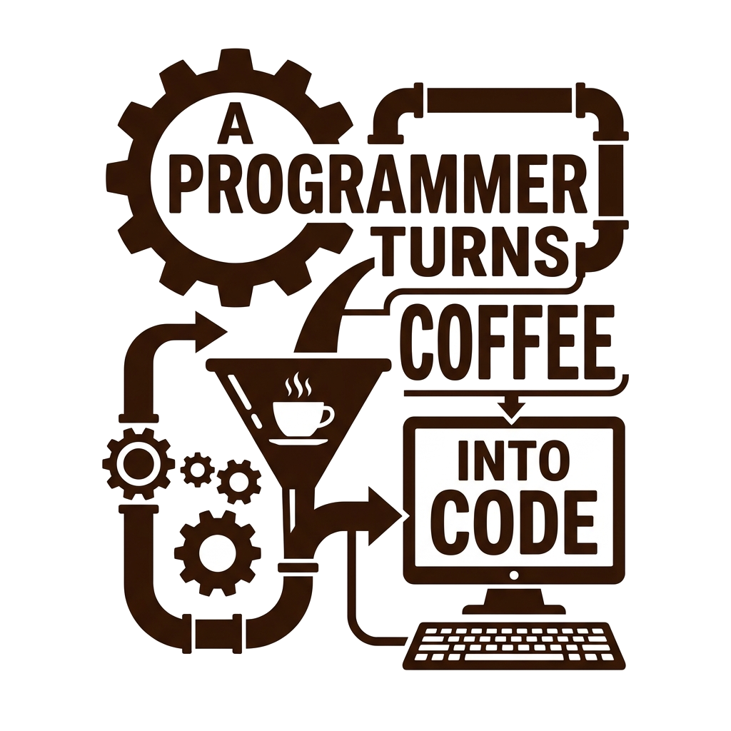 Artwork generated from 'tee that says "a programmer turns coffee into code" machine diagram on espresso brown'