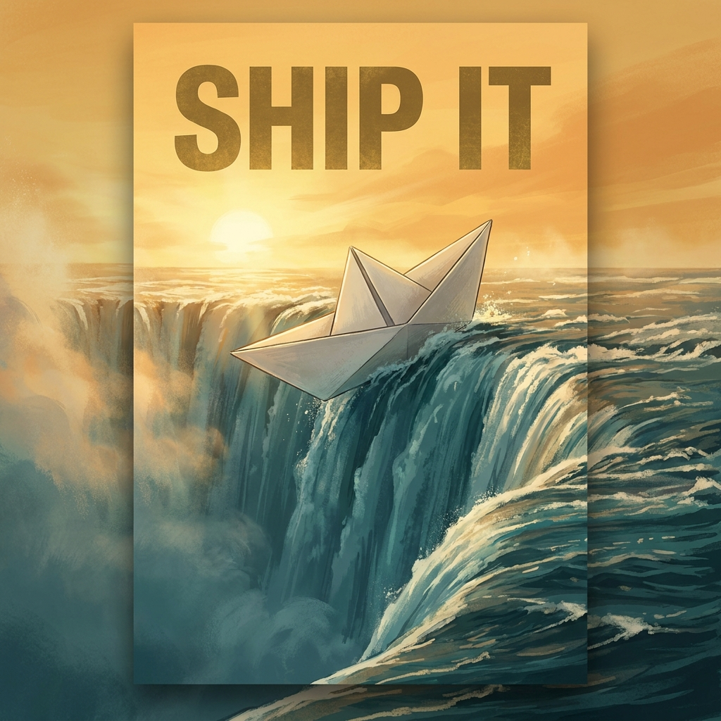 Artwork generated from 'poster that says "SHIP IT" motivational parody with a paper boat going over a waterfall'