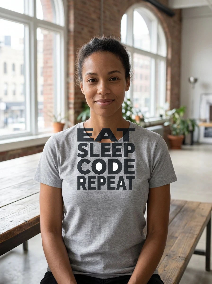 Tee That Says "eat Sleep Code, Worn, Ash