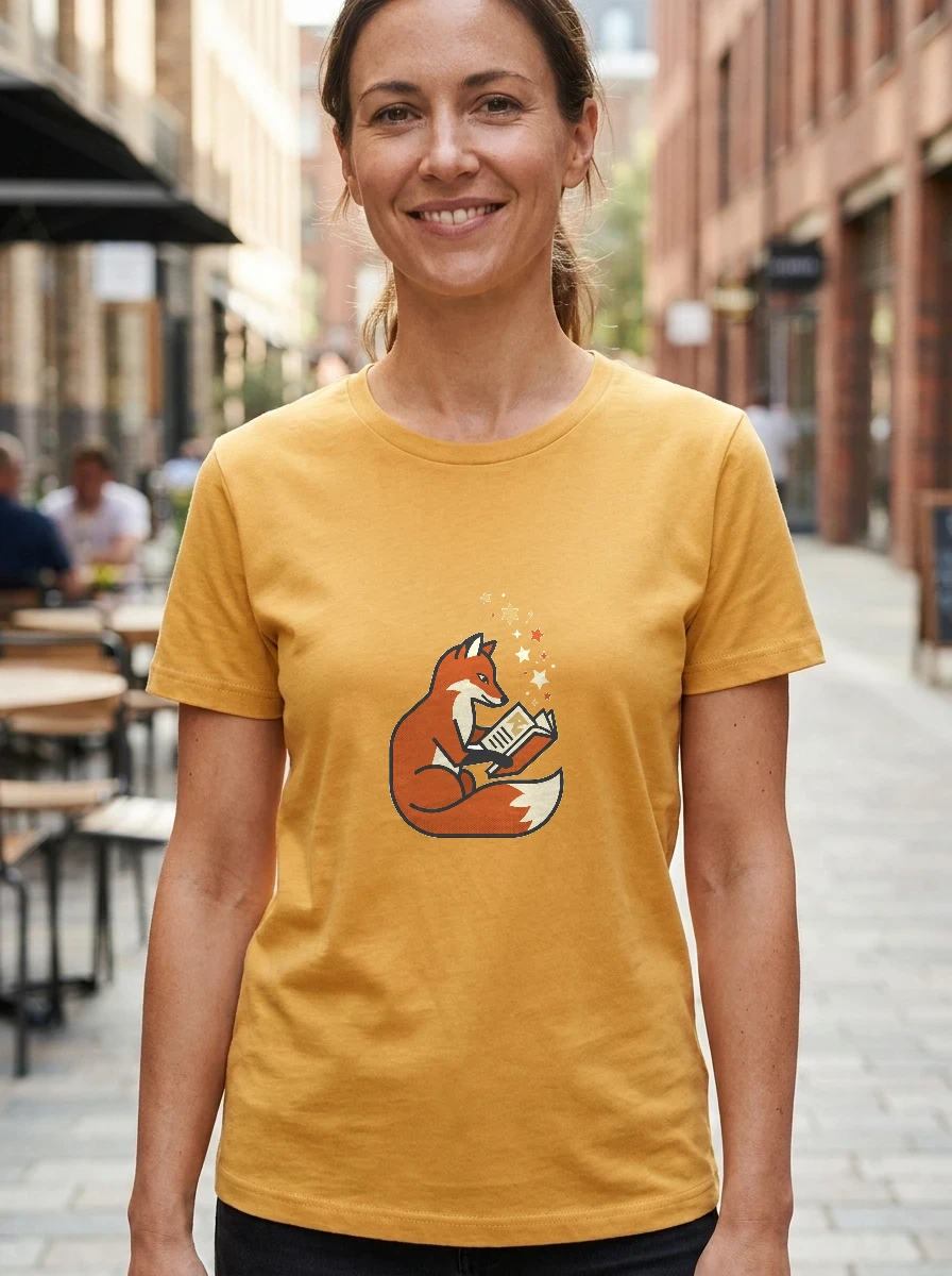 Minimalist Fox Reading a Book Tee, Worn, Yellow
