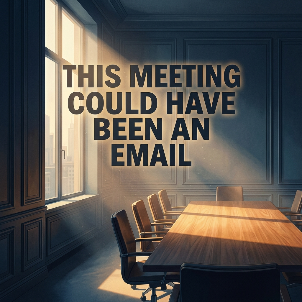 Artwork generated from 'poster that says "THIS MEETING COULD HAVE BEEN AN EMAIL" boardroom of empty chairs'