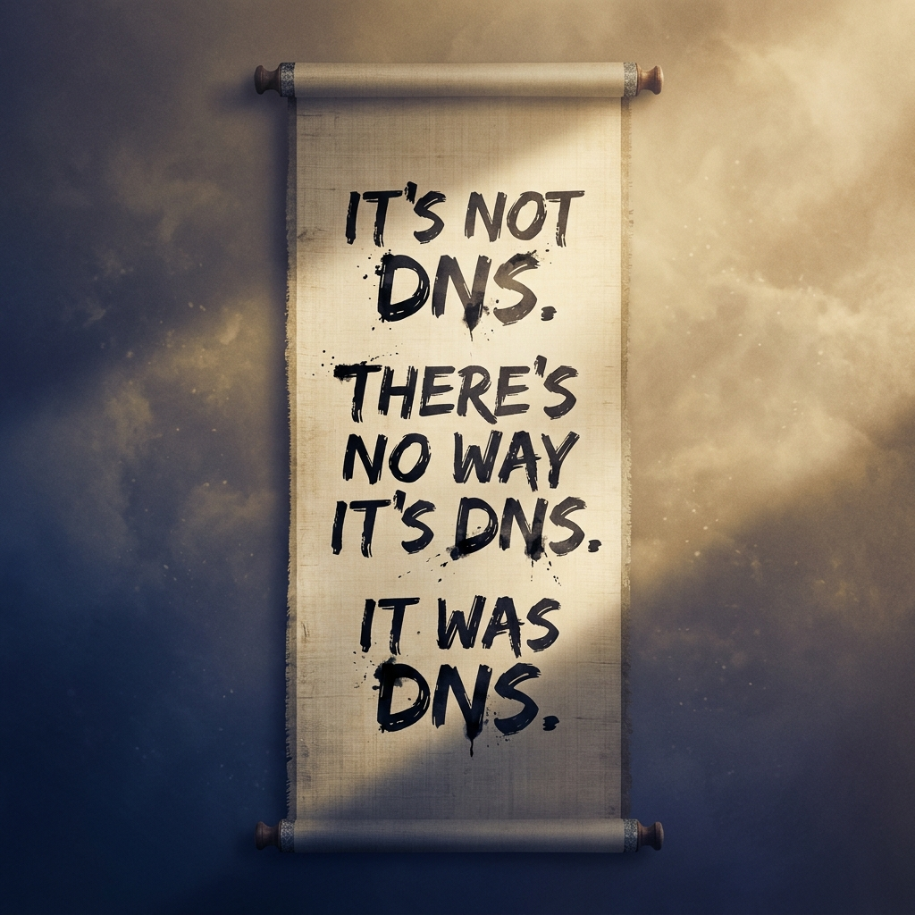Artwork generated from 'poster that says "IT'S NOT DNS. THERE'S NO WAY IT'S DNS. IT WAS DNS." zen haiku scroll'
