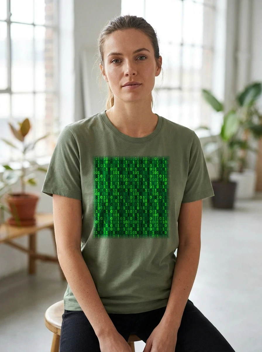 All-over Binary Code Rain Pattern Tshirt, Worn, All-Over Print