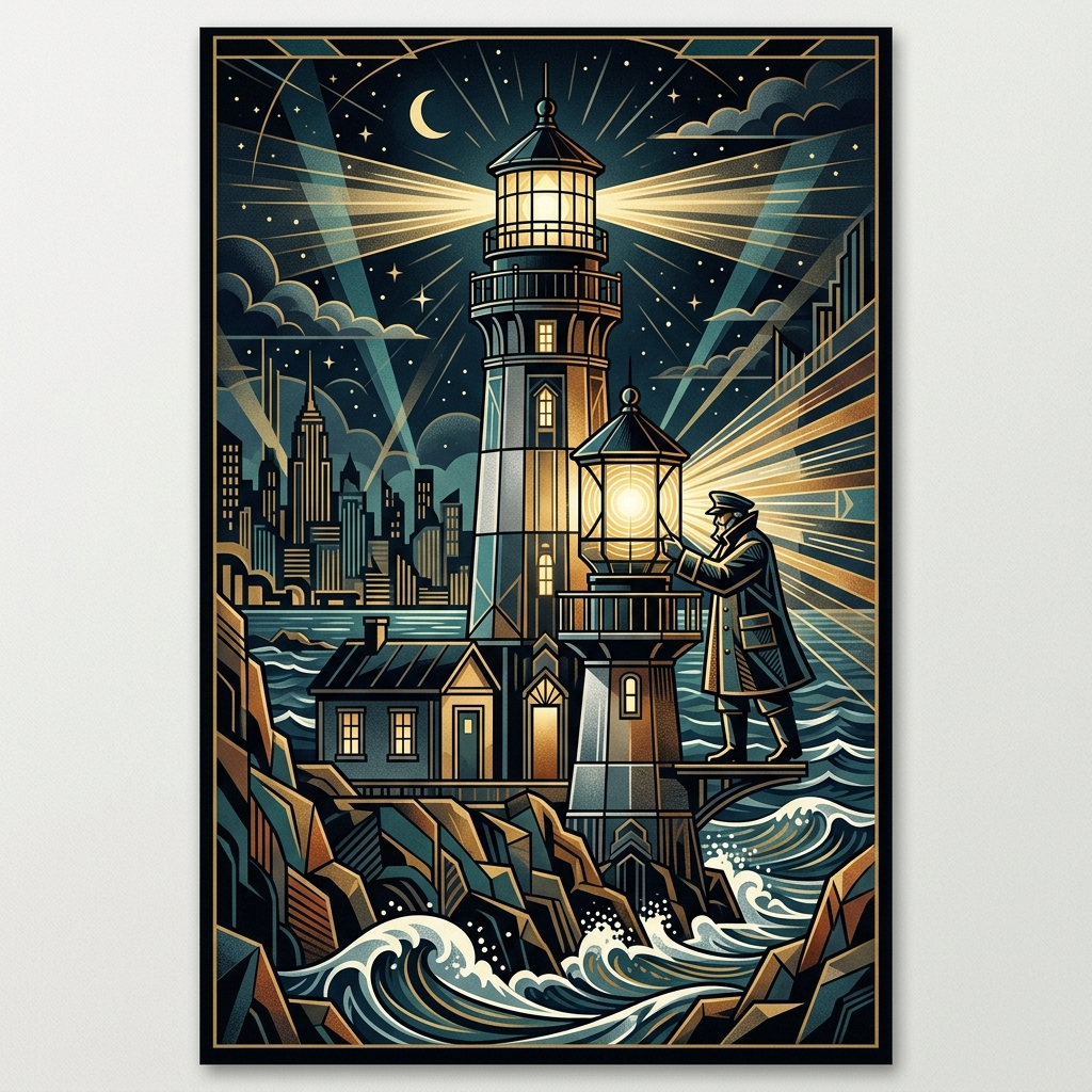 Artwork generated from 'midnight lighthouse keeper art deco poster'