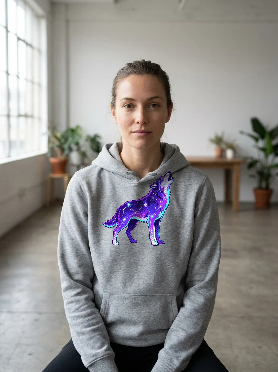 Midnight Wolf Constellation Hoodie, Worn, Athletic Heather
