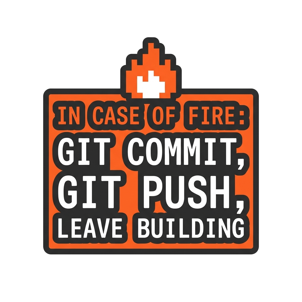 Artwork generated from 'hoodie that says "in case of fire: git commit, git push, leave building" on black'