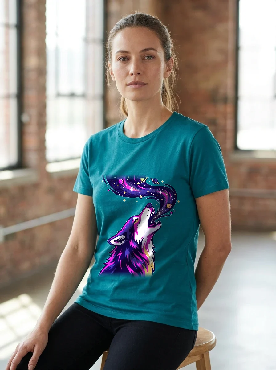 Cosmic Wolf Howling at Galaxy, Worn, Teal