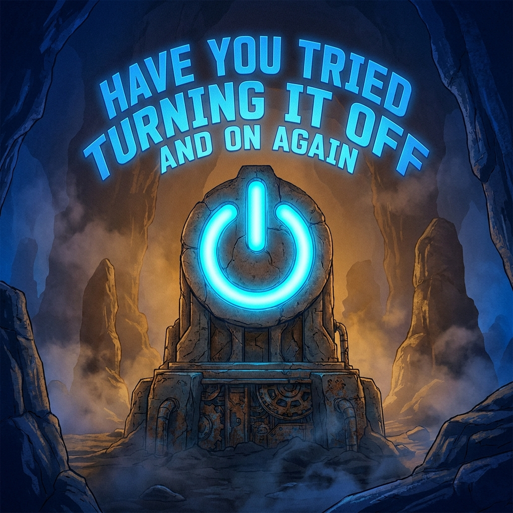 Artwork generated from 'poster that says "HAVE YOU TRIED TURNING IT OFF AND ON AGAIN" giant power button shrine'