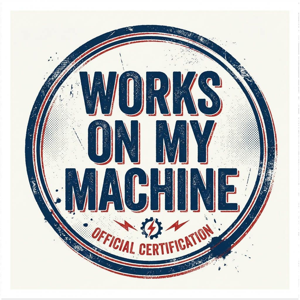 Artwork generated from 'mug that says "works on my machine" tiny certified stamp'