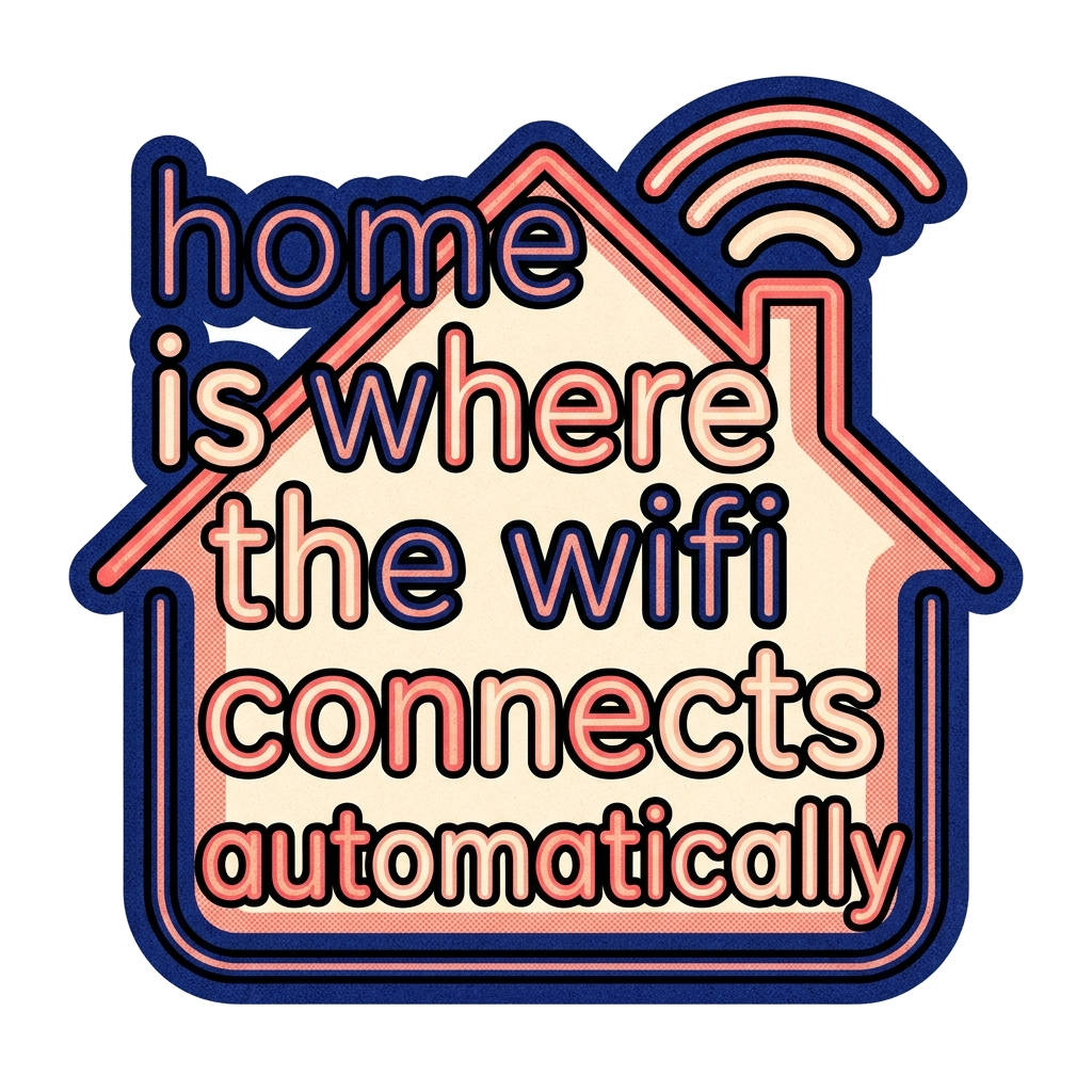 Artwork generated from 'tee that says "home is where the wifi connects automatically" on sky blue'