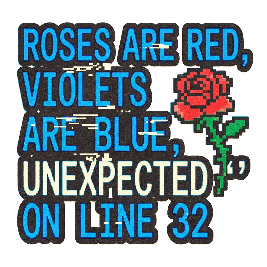 Artwork generated from 'tee that says "roses are red, violets are blue, unexpected '}' on line 32" on crimson'