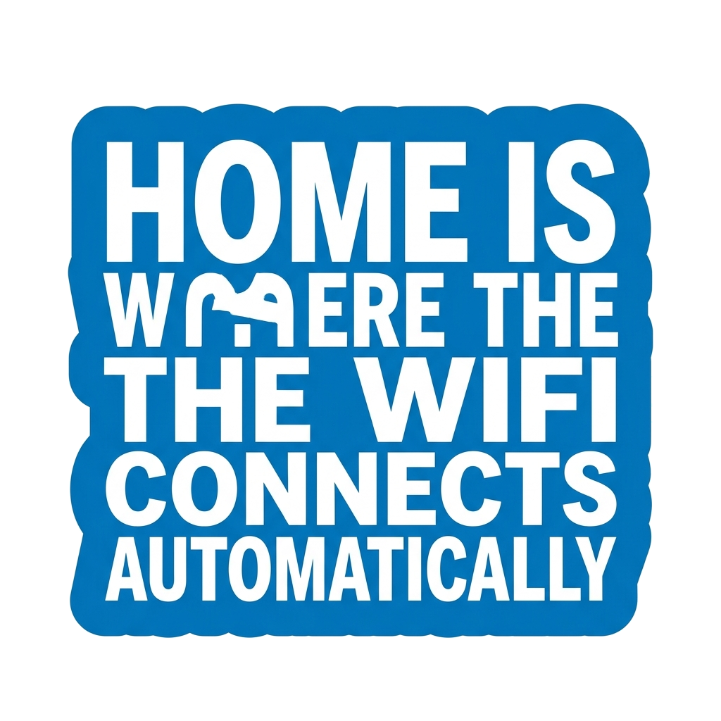 Artwork generated from 'tee that says "home is where the wifi connects automatically" on sky blue'