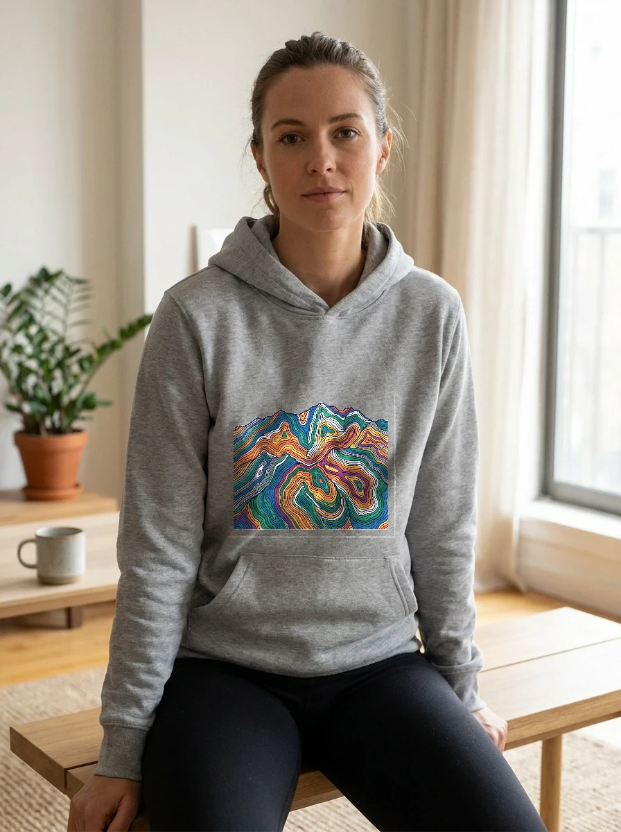 Mountain Range Topographic Contour Lines Hoodie, Worn, Athletic Heather