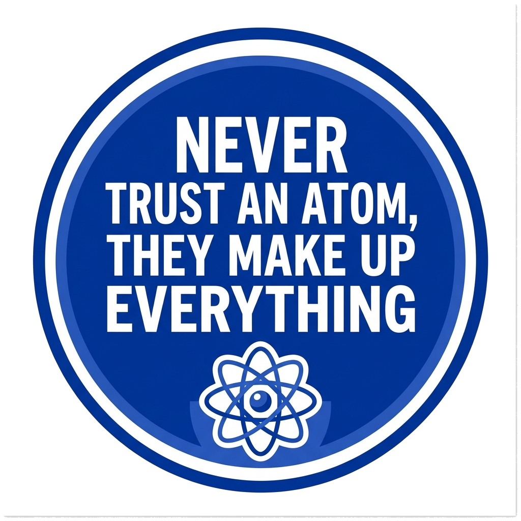 Artwork generated from 'tee that says "never trust an atom, they make up everything" on royal blue'
