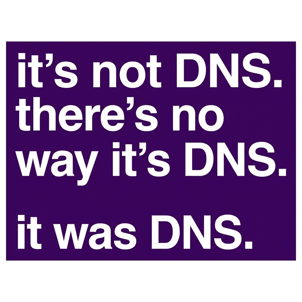 Artwork generated from 'hoodie that says "it's not DNS. there's no way it's DNS. it was DNS." on deep purple'