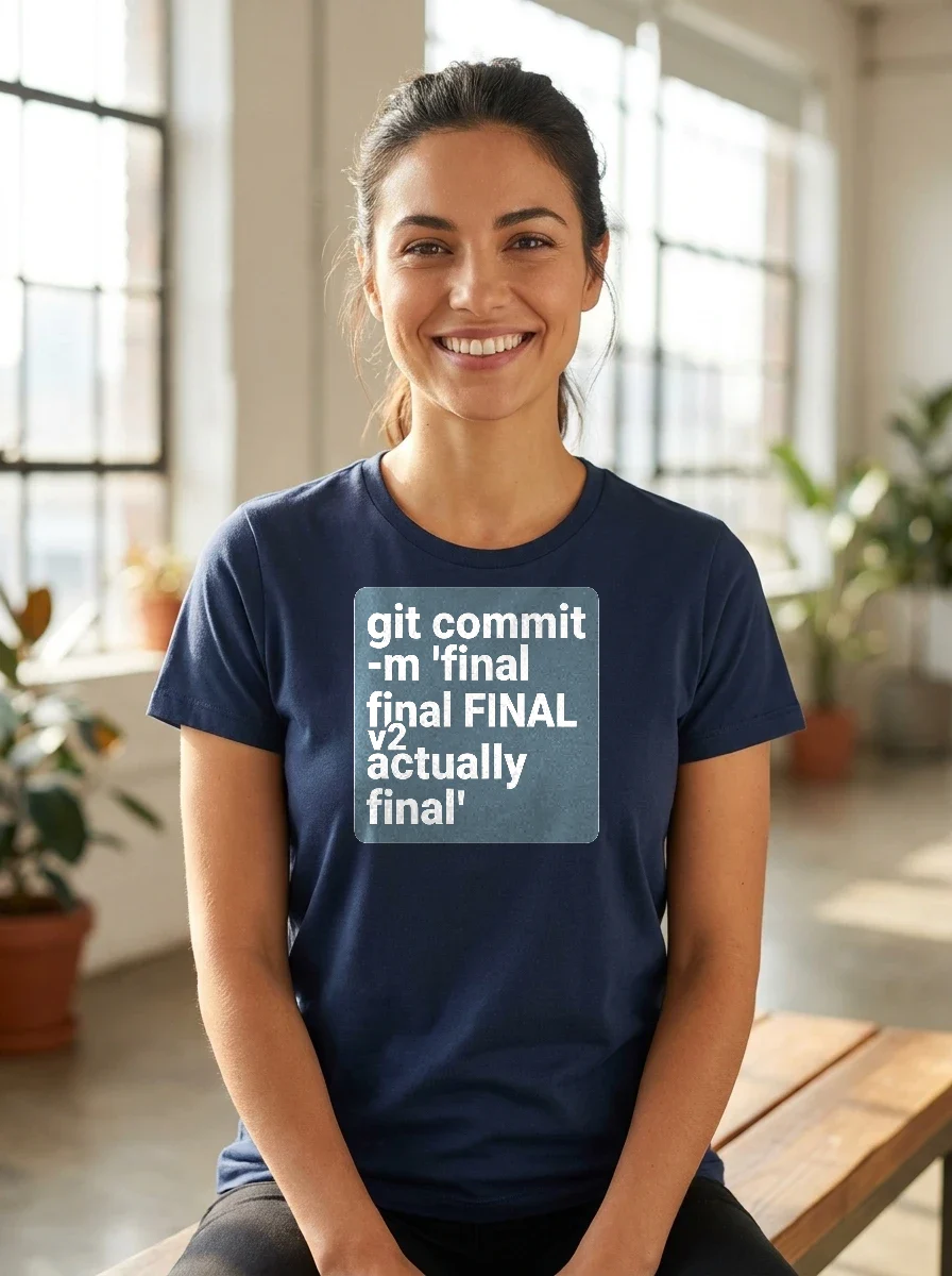 Tee That Says "git Commit -m, Worn, Heather Navy