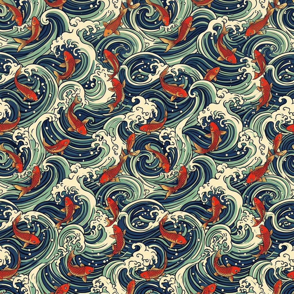 Artwork generated from 'all-over koi waves pattern tshirt'