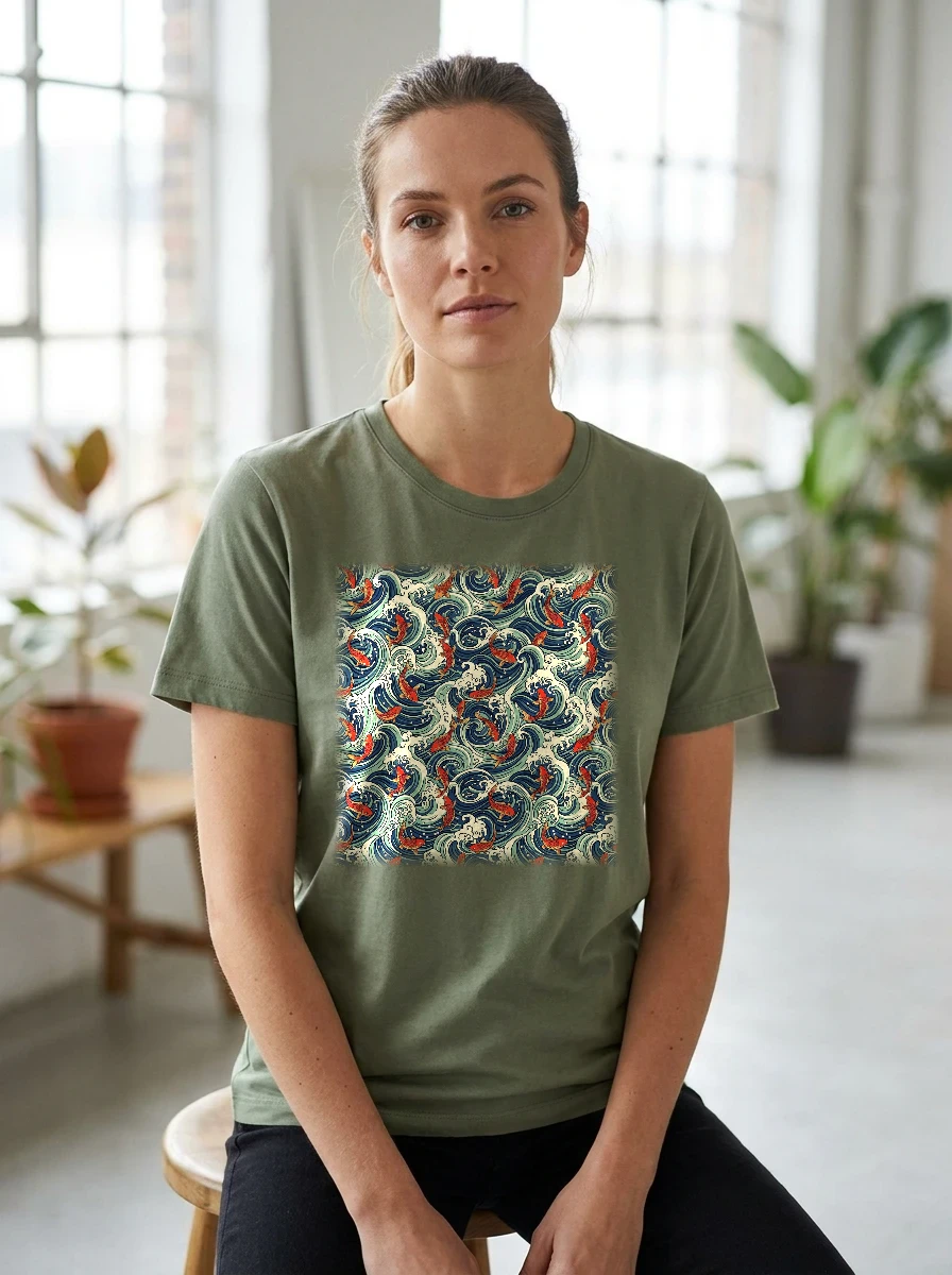 All-over Koi Waves Pattern Tshirt, Worn, All-Over Print