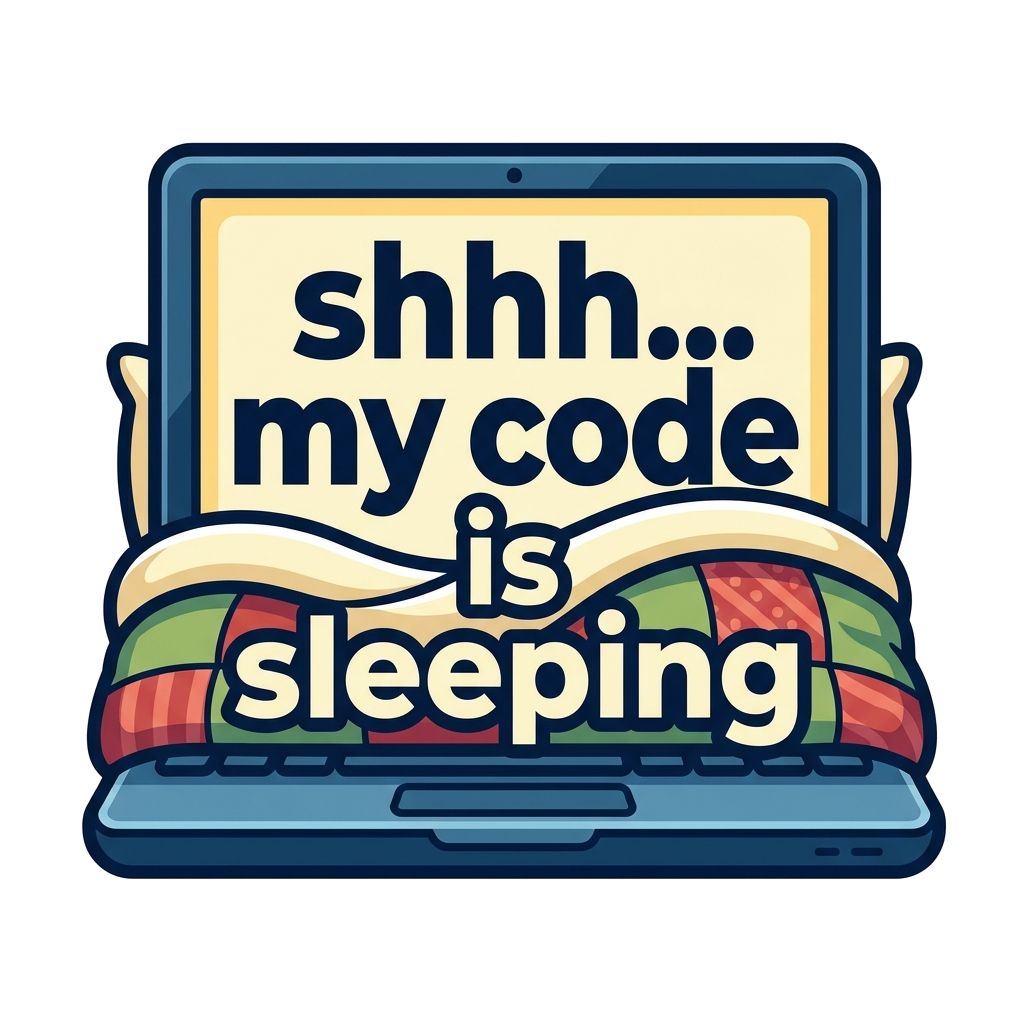 Artwork generated from 'sticker that says "shhh... my code is sleeping" tucked-in laptop'