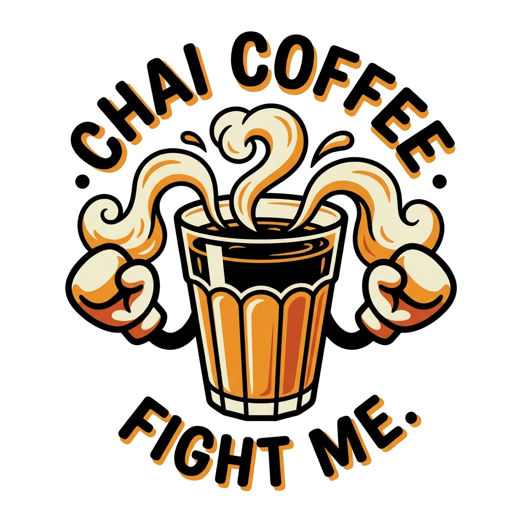 Artwork generated from 'tee that says "chai > coffee. fight me." steaming cutting glass on masala brown'