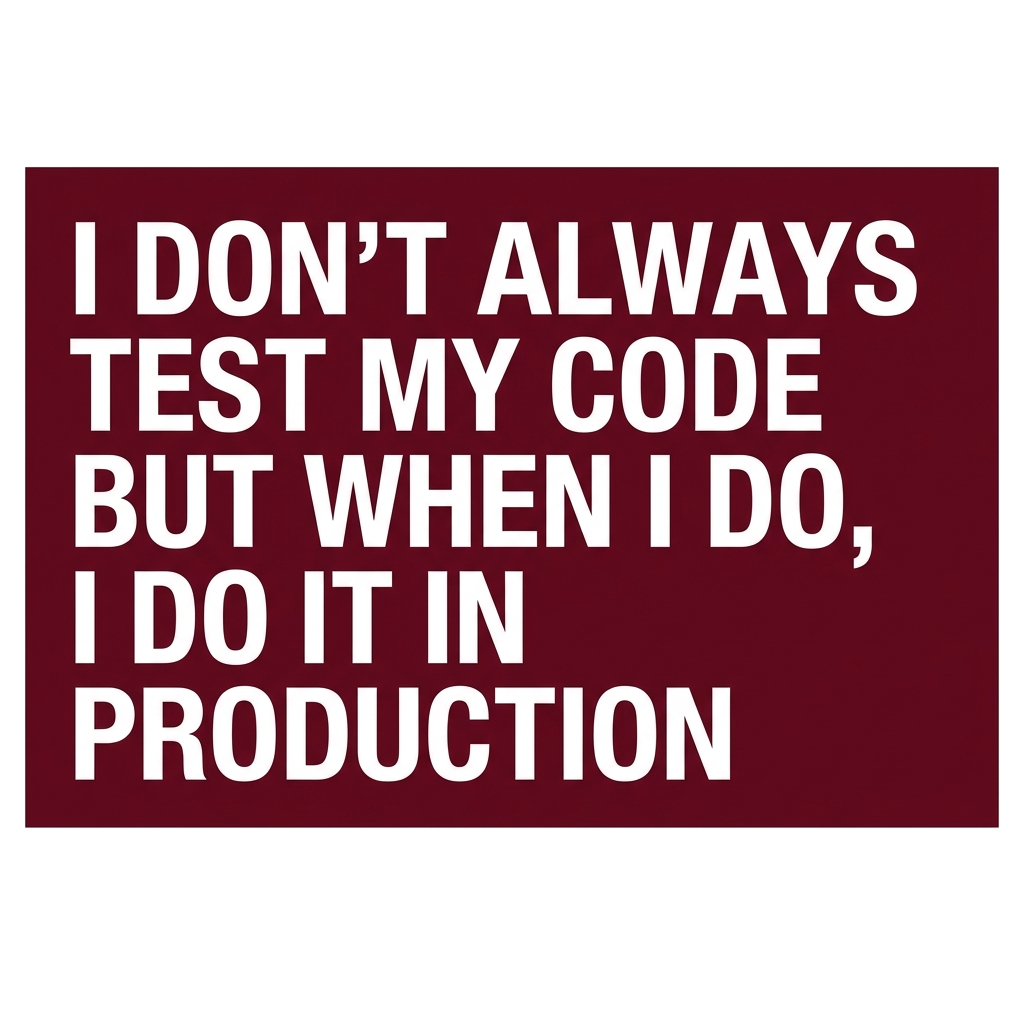 Artwork generated from 'tee that says "i don't always test my code but when i do, i do it in production" on maroon'