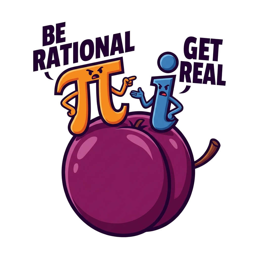 Artwork generated from 'tee that says "be rational" "get real" pi and imaginary number arguing on plum'