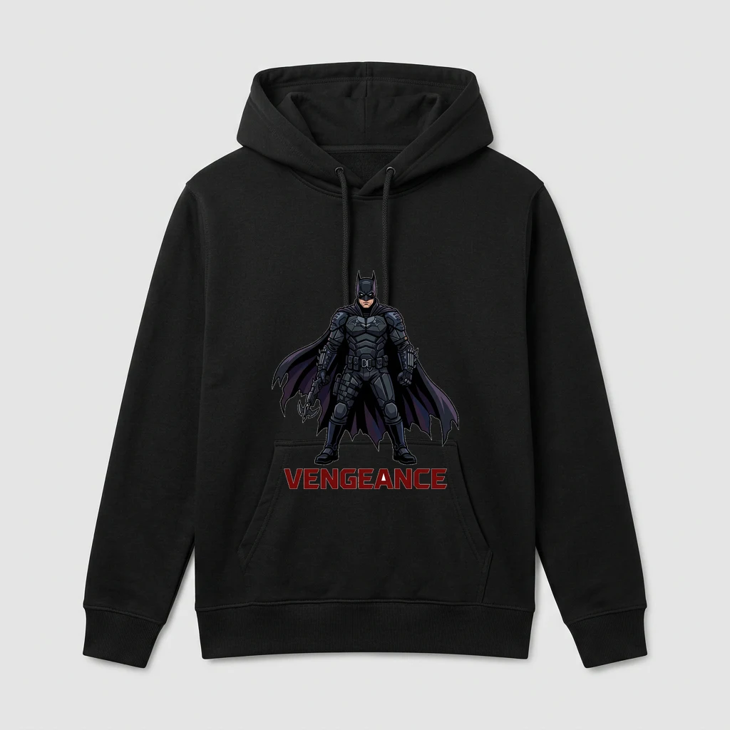 dark vigilante knight dark knight hoodie with the text vengeance written under it