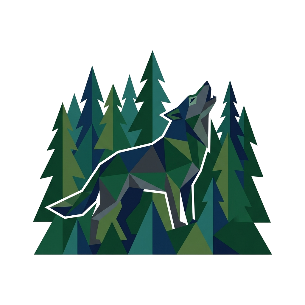 Geometric Minimalist Wolf in Pine Forest — artwork