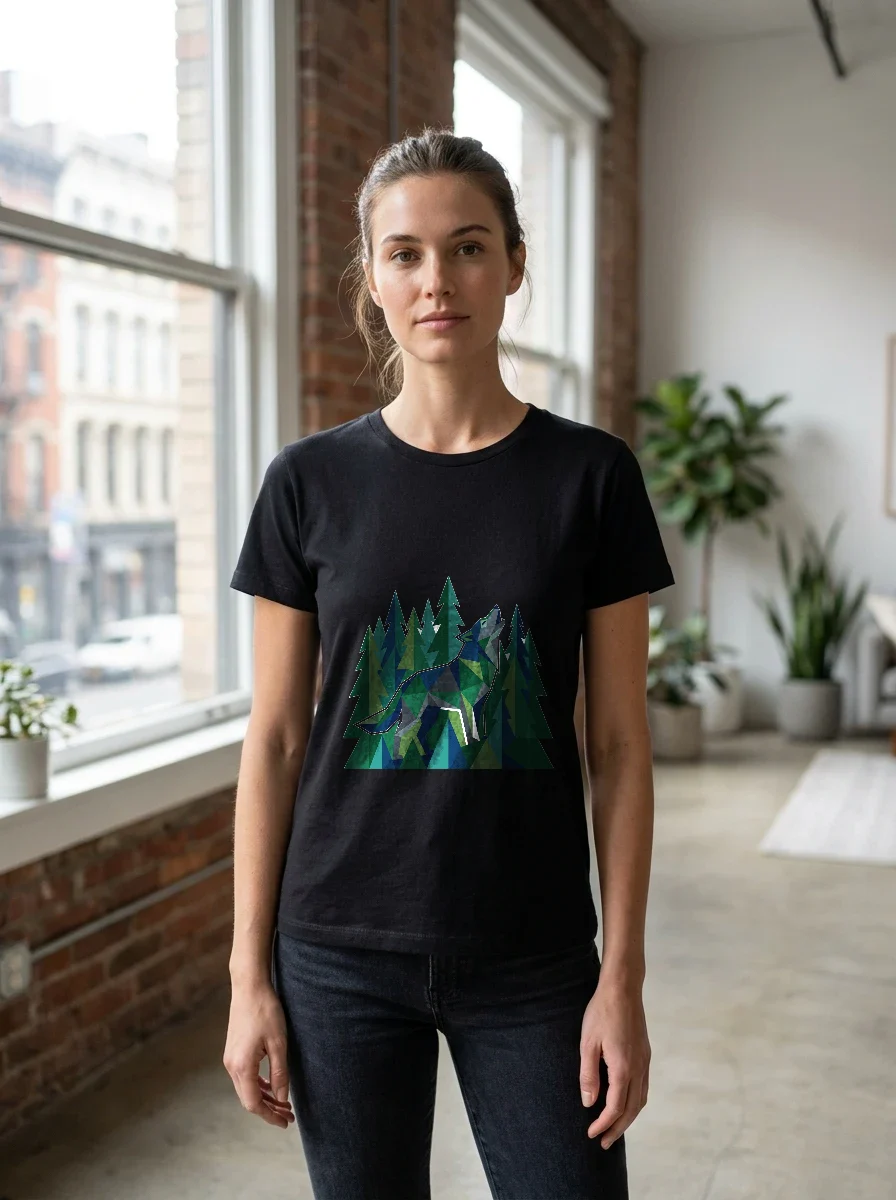 Geometric Minimalist Wolf in Pine Forest