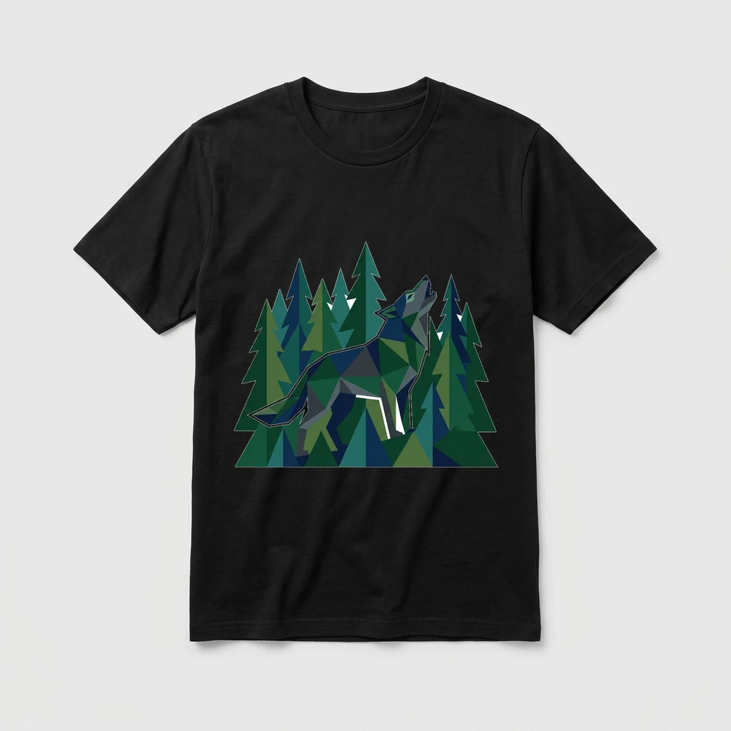 geometric minimalist wolf in pine forest