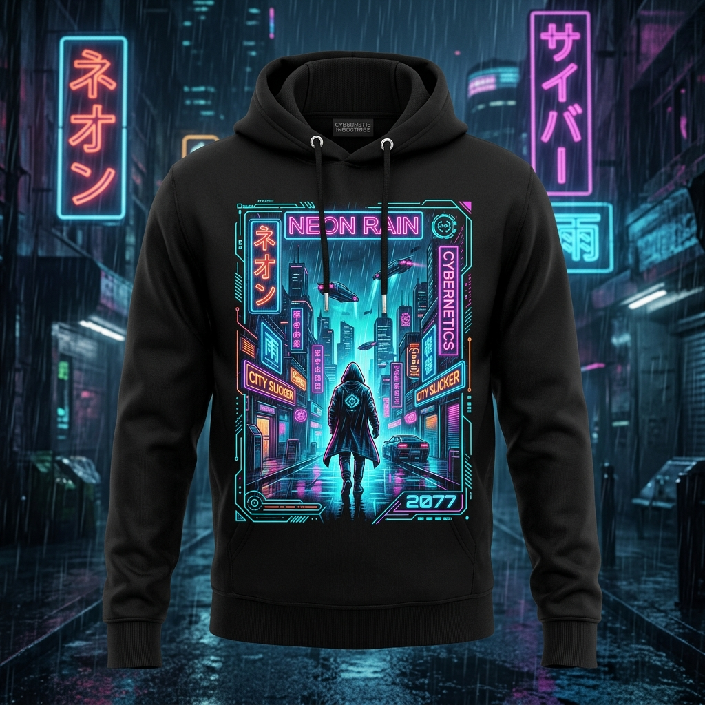 Cyberpunk Neon Hoodie with Rain — artwork