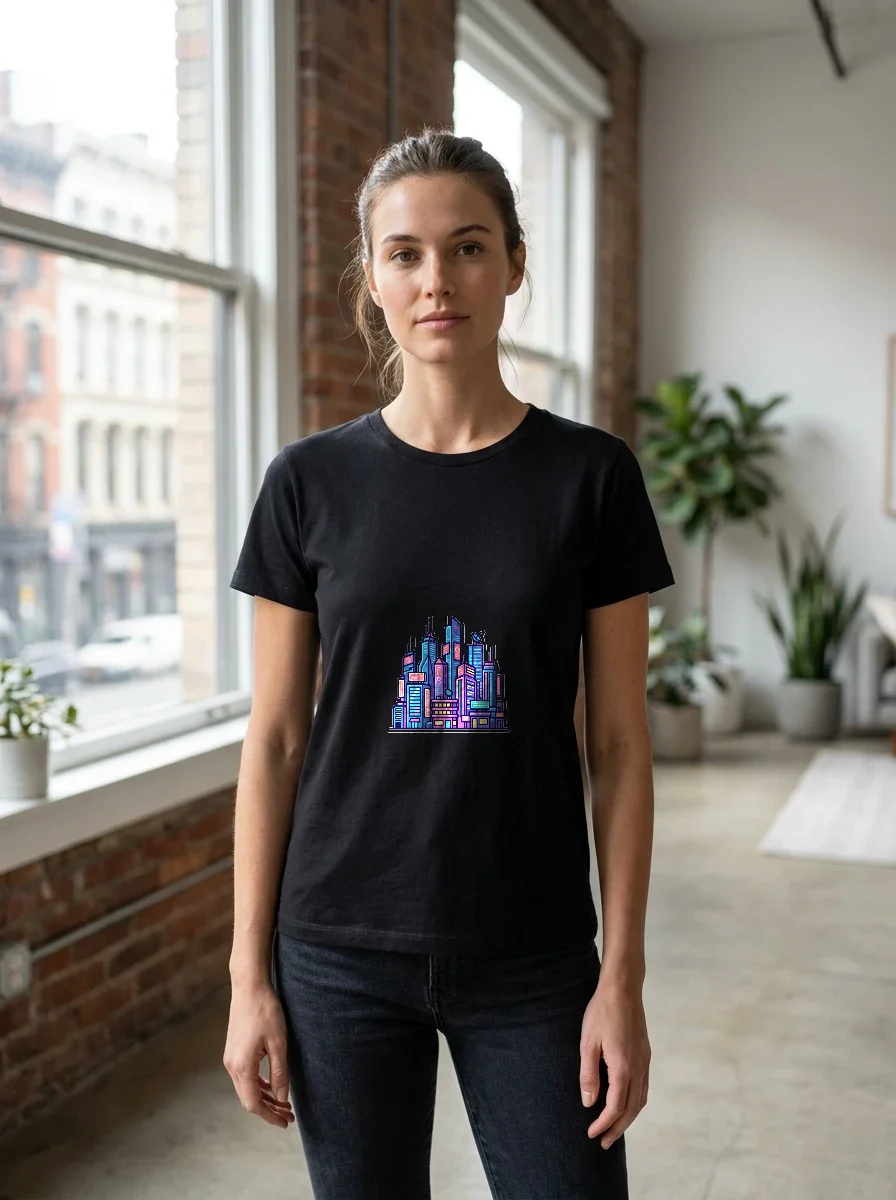 Cyberpunk Neon City Skyline T-shirt